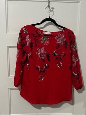 Embroidered Floral Red Long-Sleeve Women's Top